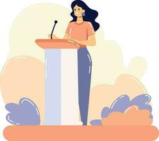 Hand Drawn Businesswoman speaking on the podium in flat style vector