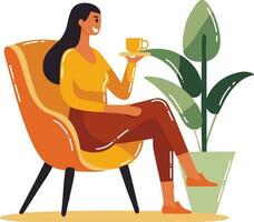 Hand Drawn woman character sitting and drinking coffee in flat style vector