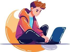 Hand Drawn boy sitting and using laptop in flat style vector