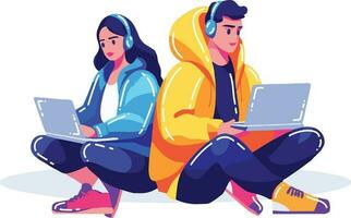 Hand Drawn couple sitting and using laptop in flat style vector