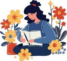 Hand Drawn Female artist sitting and drawing at the flower garden in flat style vector