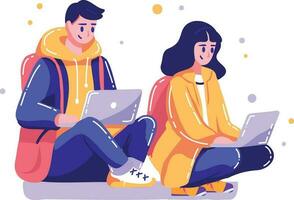 Hand Drawn couple sitting and using laptop in flat style vector