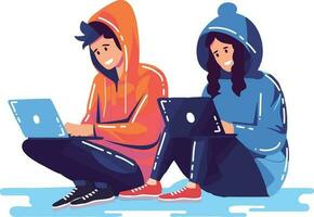 Hand Drawn couple sitting and using laptop in flat style vector