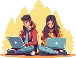 Hand Drawn couple sitting and using laptop in flat style vector