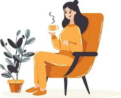 Hand Drawn woman character sitting and drinking coffee in flat style vector