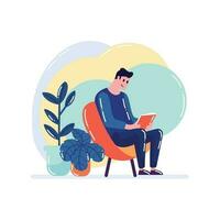 Hand Drawn man sitting and reading a book in flat style vector