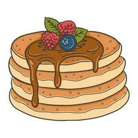 Pancake with syrup, blueberries and raspberries mint leaf. Breakfast concept. vector