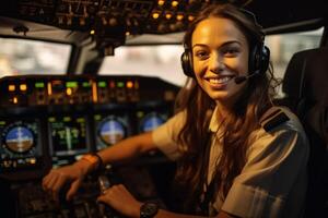 el cabina de un avión con un contento mujer piloto con generativo ai foto