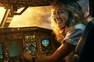 el cabina de un avión con un contento mujer piloto con generativo ai foto