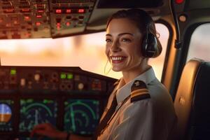 el cabina de un avión con un contento mujer piloto con generativo ai foto