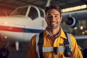 sonriente masculino piloto en pie en frente de avión con generativo ai foto