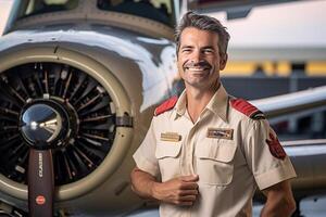 sonriente masculino piloto en pie en frente de avión con generativo ai foto