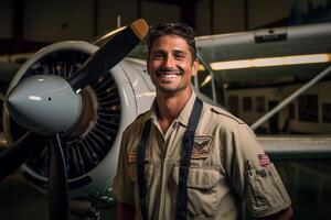 sonriente masculino piloto en pie en frente de avión con generativo ai foto