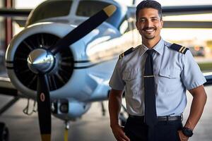 sonriente masculino piloto en pie en frente de avión con generativo ai foto