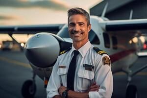 smiling male pilot standing in front of airplane with Generative AI photo