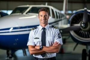 sonriente masculino piloto en pie en frente de avión con generativo ai foto