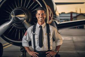 sonriente masculino piloto en pie en frente de avión con generativo ai foto