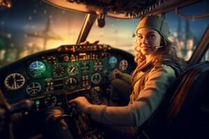 el cabina de un avión con un contento mujer piloto con generativo ai foto