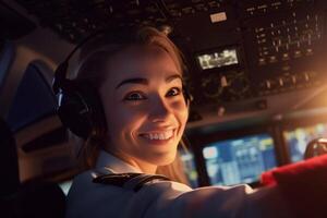 el cabina de un avión con un contento mujer piloto con generativo ai foto