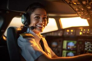 el cabina de un avión con un contento mujer piloto con generativo ai foto