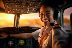 el cabina de un avión con un contento mujer piloto con generativo ai foto