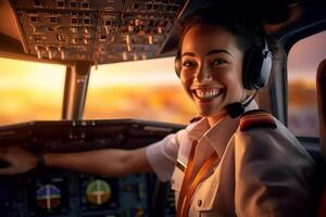 the cockpit of a plane with a happy woman pilot with photo