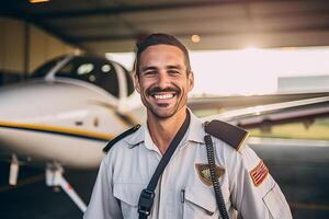 sonriente masculino piloto en pie en frente de avión con generativo ai foto