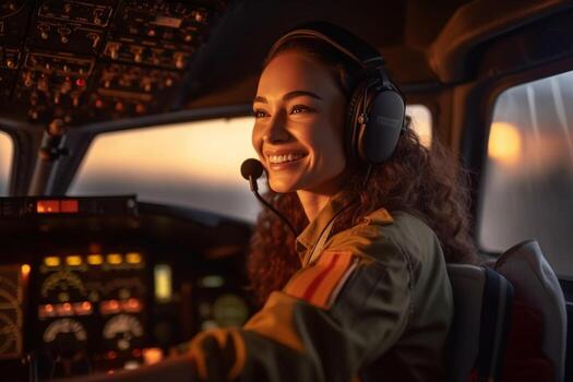 el cabina de un avión con un contento mujer piloto con generativo ai foto