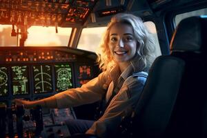 the cockpit of a plane with a happy woman pilot with photo