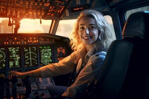 el cabina de un avión con un contento mujer piloto con generativo ai foto