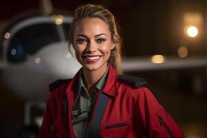 sonriente hembra piloto en pie en frente de avión con generativo ai foto