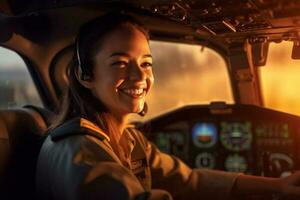 el cabina de un avión con un contento mujer piloto con generativo ai foto