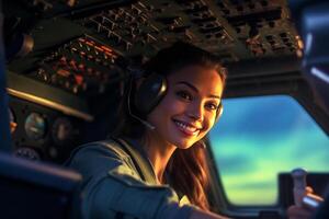 el cabina de un avión con un contento mujer piloto con generativo ai foto