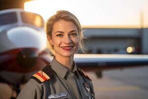 sonriente hembra piloto en pie en frente de avión con generativo ai foto