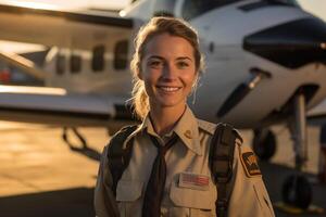 smiling female pilot standing in front of airplane with photo