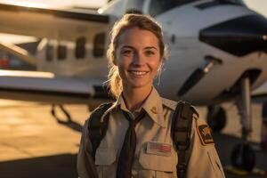 sonriente hembra piloto en pie en frente de avión con generativo ai foto