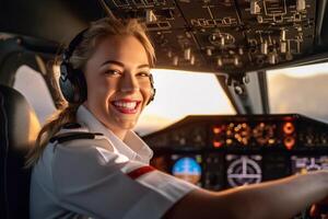 the cockpit of a plane with a happy woman pilot with photo