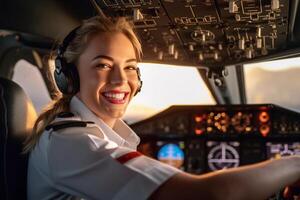 el cabina de un avión con un contento mujer piloto con generativo ai foto