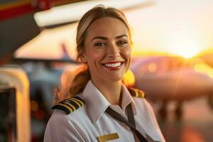 sonriente hembra piloto en pie en frente de avión con generativo ai foto
