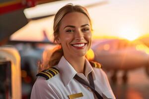 sonriente hembra piloto en pie en frente de avión con generativo ai foto