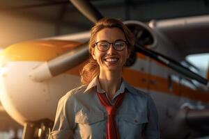 sonriente hembra piloto en pie en frente de avión con generativo ai foto