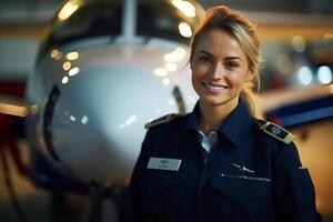 sonriente hembra piloto en pie en frente de avión con generativo ai foto