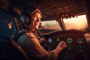 the cockpit of a plane with a happy woman pilot with photo
