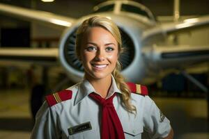 sonriente hembra piloto en pie en frente de avión con generativo ai foto