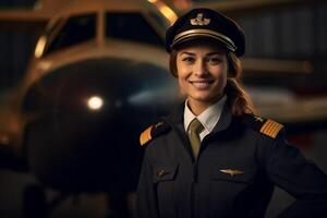 smiling female pilot standing in front of airplane with photo