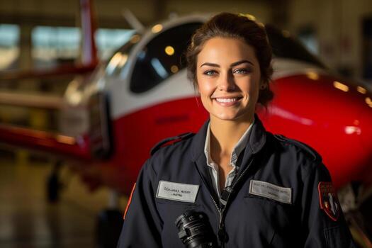 smiling female pilot standing in front of airplane with photo