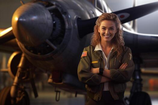smiling female pilot standing in front of airplane with photo