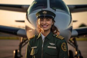 smiling female pilot standing in front of airplane with photo