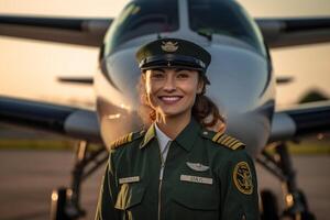 sonriente hembra piloto en pie en frente de avión con generativo ai foto