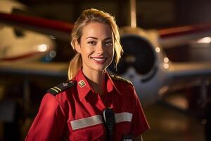 sonriente hembra piloto en pie en frente de avión con generativo ai foto